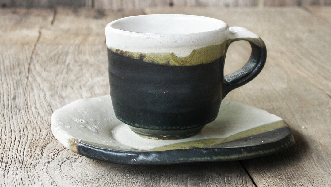Japanese Ceramic, Coffee Cup With Saucer, Japanese Pottery, Black and