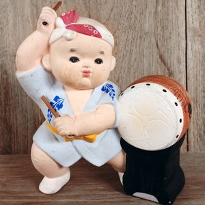 Hakata Ningyo, Japanese Ceramic Doll, Japanese Boy Playing Taiko Drums for Traditional Festival, Vintage Doll Lucky Charm Height 5.2&quot; inches