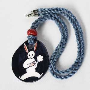 Rabbit, Ceramic Pendant, Hand Painted White Rabbit, Japanese Zodiac, Handmade Jewelry, Japanese Jewelry, Boho, Gift For Friend