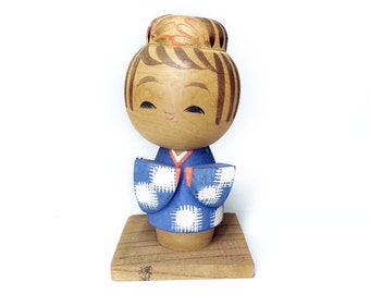 Kokeshi Doll, Japanese Wooden Doll, Vintage Wooden Doll, Kimono, Doll of Happiness, Vintage Decor, Japanese Vintage, Made in Japan