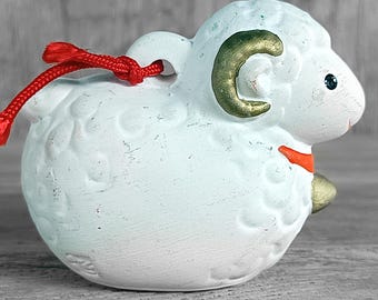 * antique sheep ❀ クリスマスの羊さん (水色リボンと鈴♪) Hitsuji Dorei, Sheep Ceramic Bell, Japanese Vintage Bell