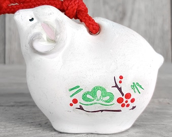 日本製陶器製羊鈴 - 羊どれい、ヴィンテージホワイトベル - 幸運の