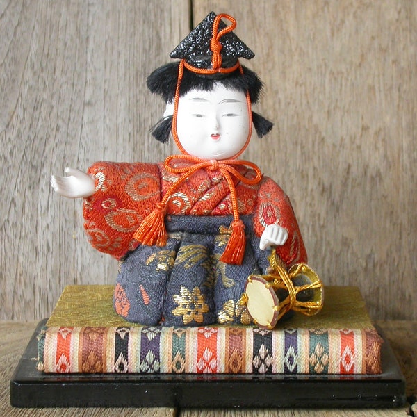 Vintage Hina Doll, Court Musicians, Drummer, Doll for Girls' Day, Matsuri Festival, Happiness Symbol,Lucky Gift, 4 x 4 x 2.8 / 1 x 5.2 x 3.5