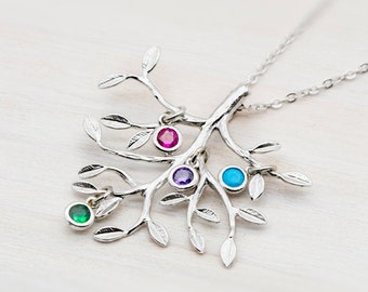 Gift for Mom Mother, Silver Family Tree Necklace, Personalized Birthstone Necklace, Morther's Day Gift, Gift for Grandma, Gift for wife