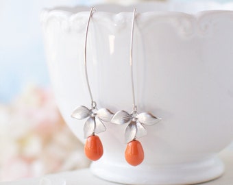 Coral Pearl Earrings, Orange Pearl Earrings, Silver Flower Dangle Earrings, Coral Wedding Bridal Jewelry, Bridesmaid Gift, Gift for Her