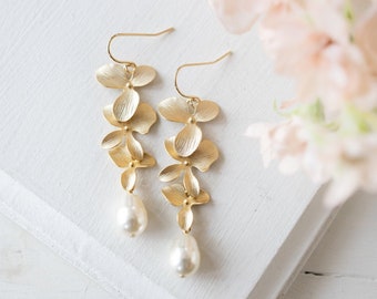 Cream Teardrop Pearl Bridal Earrings, Ivory Pearl Earrings, Gold Cascading Orchid Flower Earrings, White Pearl Wedding Earrings