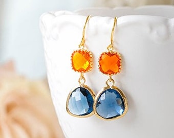 Orange Tangerine Sapphire Blue Earrings Gold Dangle Earrings Montana Blue Navy Blue Glass Drop Earrings Wedding Earrings Bridesmaid Gift