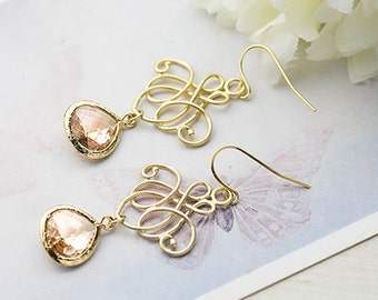 Peach Champagne Earrings Gold Filigree wedding Earrings Peach Crystal Bridesmaid Earrings Gift Blush Wedding Jewelry Gift for Her Boho Chic