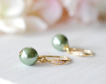 Sage Green Pearl Earrings with Gold Cubic Zirconia hooks, Sage Green Wedding Jewelry, Bridal Party Bridesmaid Gift, Green drop Earrings