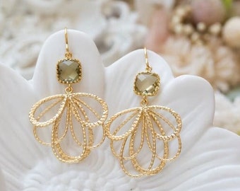 Olive Green Crystal Fan Shape Gold Dangle Earrings, Gift for Mom Mother Wife, Anniversary Gift, Birthday Gift for Women