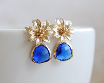 Gold Flower Cobalt Blue Glass jewel Earrings. Blue Drop Earrings. Sterling Silver Ear Post. Cobalt Blue Gold Wedding Bridal Earrings