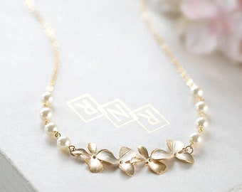 Bridal Pearl Necklace, Bridesmaid Necklace Gold Cascading Orchid Flowers Cream White Pearls Necklace Gold Wedding Jewelry Gift for Her