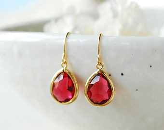 Ruby Earrings in Gold, July Birthstone, Birthday Gift for women, Ruby Jewelry, Birthstone Jewelry, Fuchsia Dark Pink Teardrop Earrings