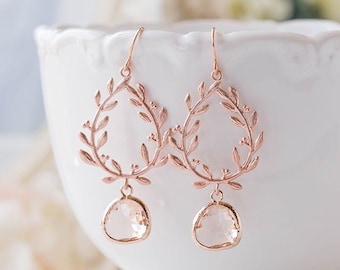 Rose Gold Earrings, Peach Glass Drop Earrings, Leaf Wreath Earrings, Rose Gold Jewelry, Boho Wedding, Roman Bridal Earrings, Bridesmaid Gift