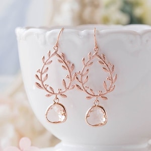 Rose Gold Earrings, Peach Glass Drop Earrings, Leaf Wreath Earrings, Rose Gold Jewelry, Boho Wedding, Roman Bridal Earrings, Bridesmaid Gift