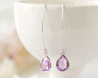 Lavender Earrings in Silver, Lilac Earrings, Long Dangle Earrings, Silver Earrings, Teardrop Crystal, Lavender Wedding Bridesmaid Gift