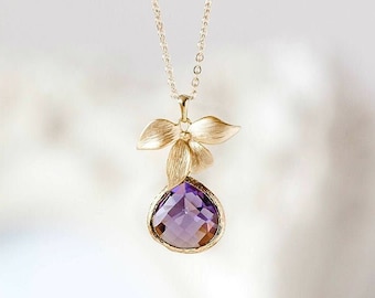 Amethyst Purple Necklace with Gold orchid Flower, Purple Wedding Jewelry, Bridesmaid Gift, February Birthstone, Birthday Gift for her