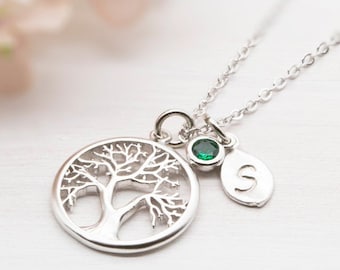 Mother's Day Gift for Mom, Gift for Mother, Personalised Initial Necklace, Birthstone Necklace, Silver Family Tree Pendant, Gift for Wife