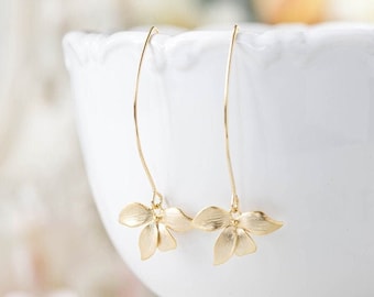 Matte Gold Orchid Flower Long Dangle Earrings. Gold Wedding Bridal Earrings, Bridesmaid Earrings, Gift for Her