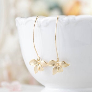 Matte Gold Orchid Flower Long Dangle Earrings. Gold Wedding Bridal Earrings, Bridesmaid Earrings, Gift for Her