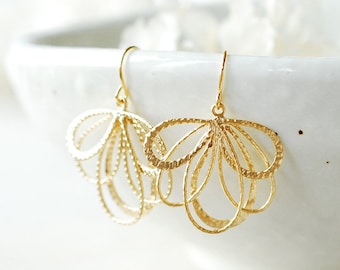 Gold Filigree Earrings, Fan Shape Earrings, Multiple drop Earrings, Gift for women, Gift for sister, Anniversary Gift for wife, Gift for mom