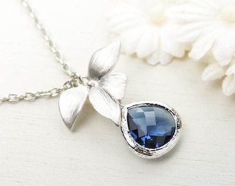 Silver Flower Navy Blue Crystal Pendant Necklace, Navy Blue Wedding Jewelry, Bridesmaid Gift, Dark Sapphire Blue, Birthday Gift for her