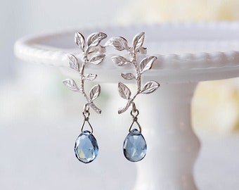 London Blue Quartz Matte Silver Leaf Branch Post Earrings, Navy Blue Stone Earrings, Anniversary Birthday Gift for Mom Wife Girlfriend