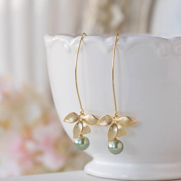 Gold Orchid Flower Sage Green Pearls Earrings. Sage Green Teardrop Pear Shaped Pearls Matte Gold Orchid Long Dangle Earrings