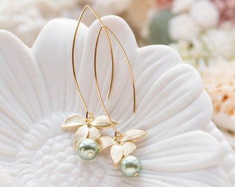 Gold Orchid Flower Sage Green Pearls Earrings. Sage Green Teardrop Pear Shaped Pearls Matte Gold Orchid Long Dangle Earrings