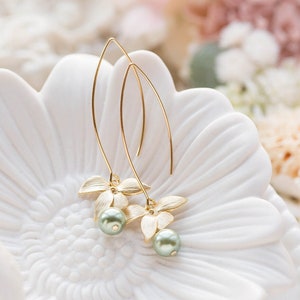 Gold Orchid Flower Sage Green Pearls Earrings. Sage Green Teardrop Pear Shaped Pearls Matte Gold Orchid Long Dangle Earrings