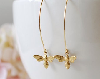 Gold Bee Earrings. Honey Bee Long Dangle Earrings. Bee Jewelry. Spring Summer, Christmas gift for women mom girlfriend wife daughter