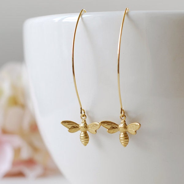 Gold Bee Earrings. Honey Bee Long Dangle Earrings. Bee Jewelry. Spring Summer, Christmas gift for women mom girlfriend wife daughter