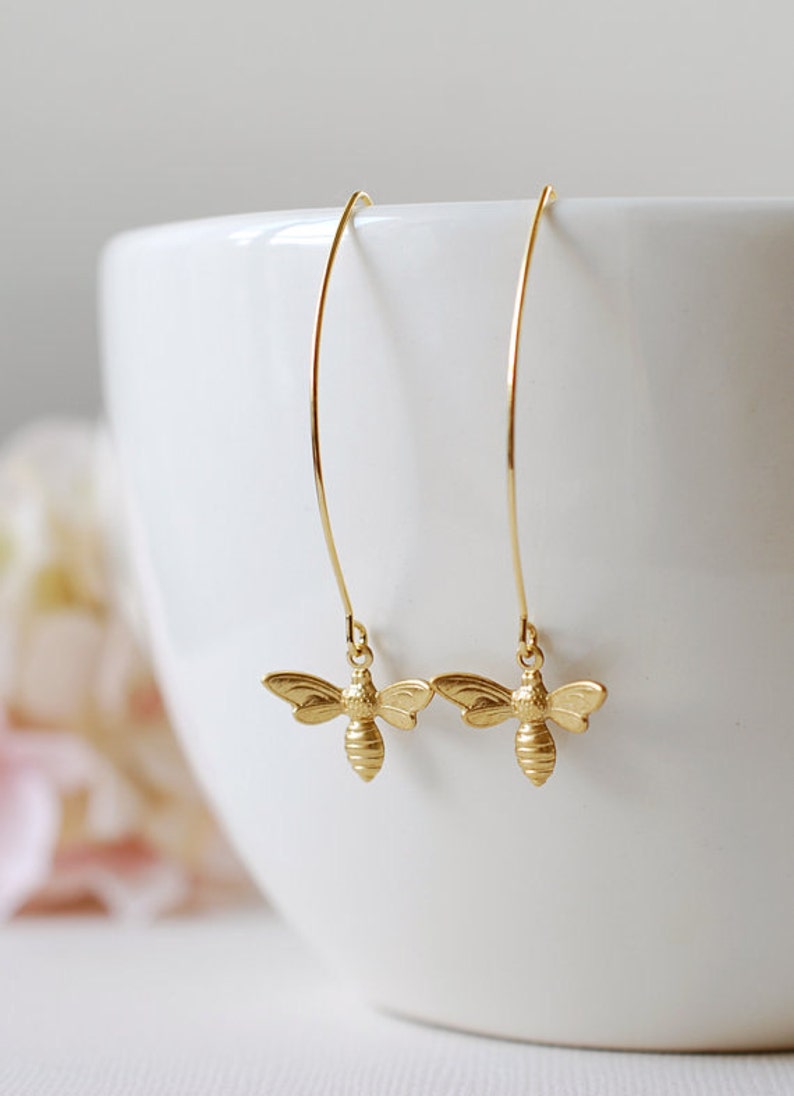 Gold Bee Earrings. Honey Bee Long Dangle Earrings. Bee Jewelry. Spring Summer, Christmas gift for women mom girlfriend wife daughter image 1