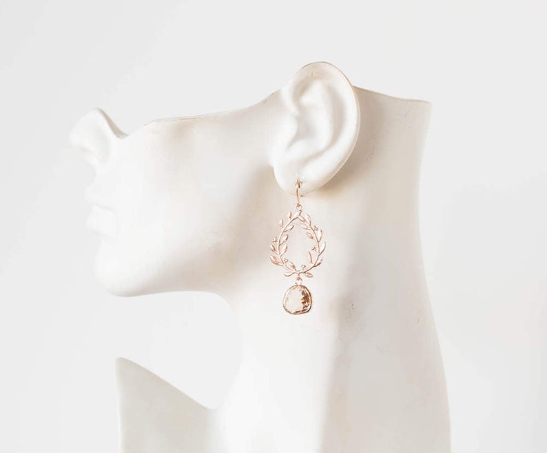 Rose Gold Earrings, Peach Glass Drop Earrings, Leaf Wreath Earrings ...