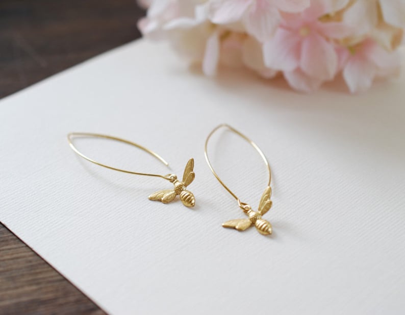 Gold Bee Earrings. Gold Plated Brass Bee Long Dangle Earrings. Bee Jewelry. Spring Summer Bee Accessory image 4