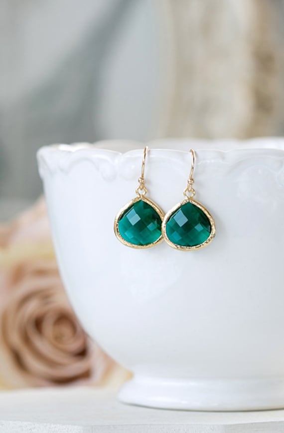 Dark Green Glass Dangle Earrings Large Emerald Drop Earrings Etsy