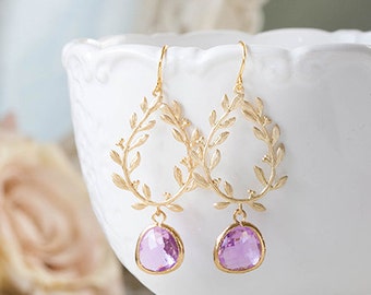 Gold Laurel Wreath Lavender Lilac Dangle Earrings Chanderlier Earrings Lavender Wedding Lilac Wedding Bridal Earrings Bridesmaids Gift