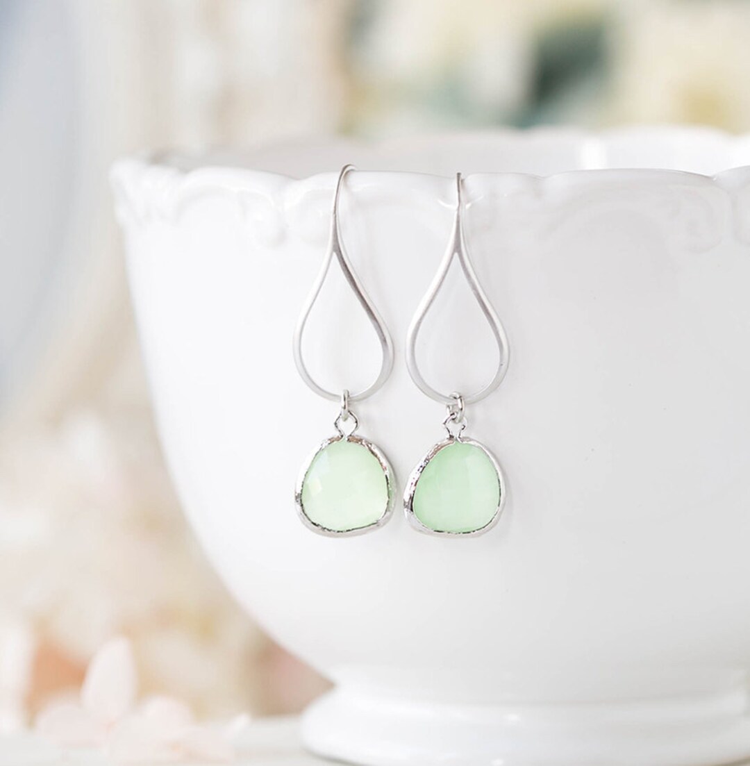 Mint Earrings Silver Earrings Mint Wedding Earrings Bridal Etsy