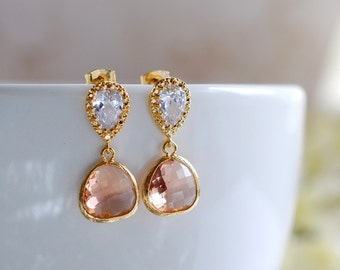 Gold Plated Cubic Zirconia Peach Champagne Glass Drop Post Earrings. Bridesmaid Earrings, Wedding Bridal Jewelry