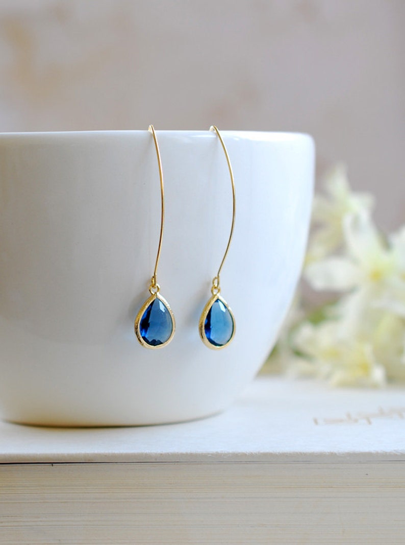 Montana Blue Drop Earrings Gold Navy Blue Sapphire Blue Teardrop Long dangle Earrings Bridesmaid Gift September Birthstone Christmas Gift 