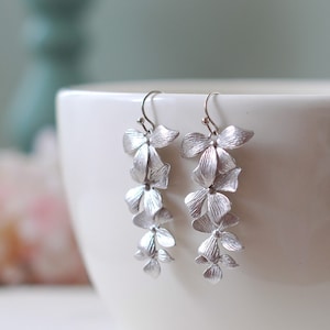 Silver Orchids Earrings. Matte Silver Orchids Flowers Long Dangle Earrings, Wedding Jewelry, Bridal Earrings, Bridesmaid Gift