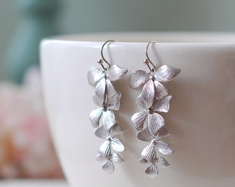 Silver Orchids Earrings. Matte Silver Orchids Flowers Long Dangle Earrings, Wedding Jewelry, Bridal Earrings, Bridesmaid Gift