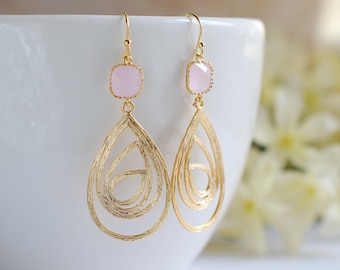 Gold Swirl Drop Pendant Ice Pink Glass Drop Earrings.Gold Filigree Dangle Earrings, Boho Bohemian Earrings, Modern Jewelry