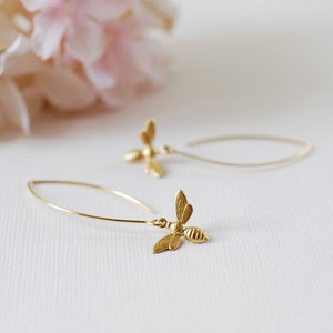 Gold Bee Earrings. Gold Plated Brass Bee Long Dangle Earrings. Bee Jewelry. Spring Summer Bee Accessory image 3