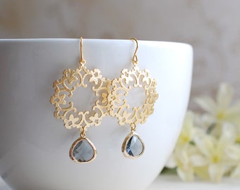 Gold Filigree Grey Teardrop Glass Stones Dangle Earrings, Gold Filigree Black Diamond Glass Drop Chandelier Earrings, Boho Bohemian