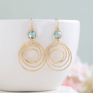 Aquamarine Blue Glass Gold Swirl Hoop Earrings, Gold Circle, Modern Everyday Earrings, Boho Chic Bohemian Hoop dangle Earrings