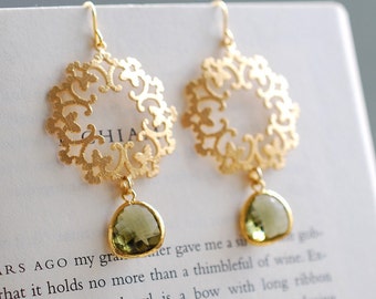 Gold Ornate Filigree Dark Olive Teardrop Glass Dangle Earrings, Olive Green Gold Chandelier Earrings, Boho Bohemian,  Moroccan earrings