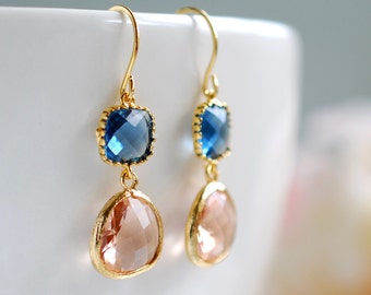 Montana Blue Peach Champagne Drop Earrings. Gold Framed Glass Teardrop Pear Shape Dangle Earrings. Bridesmaid Gifts Bridal Jewelry
