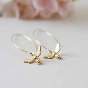 Gold Bee Earrings. Gold Plated Brass Bee Long Dangle Earrings. Bee Jewelry. Spring Summer Bee Accessory image 2