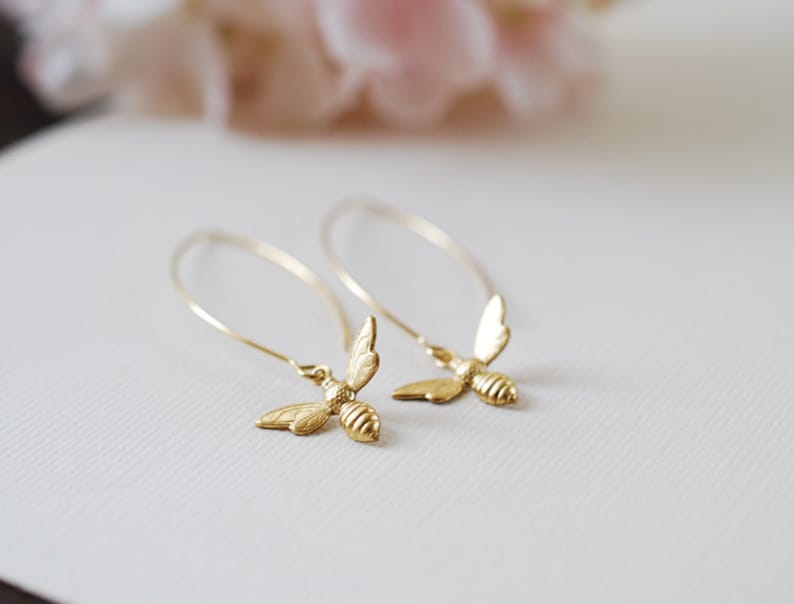 Gold Bee Earrings. Gold Plated Brass Bee Long Dangle Earrings. Bee Jewelry. Spring Summer Bee Accessory image 2